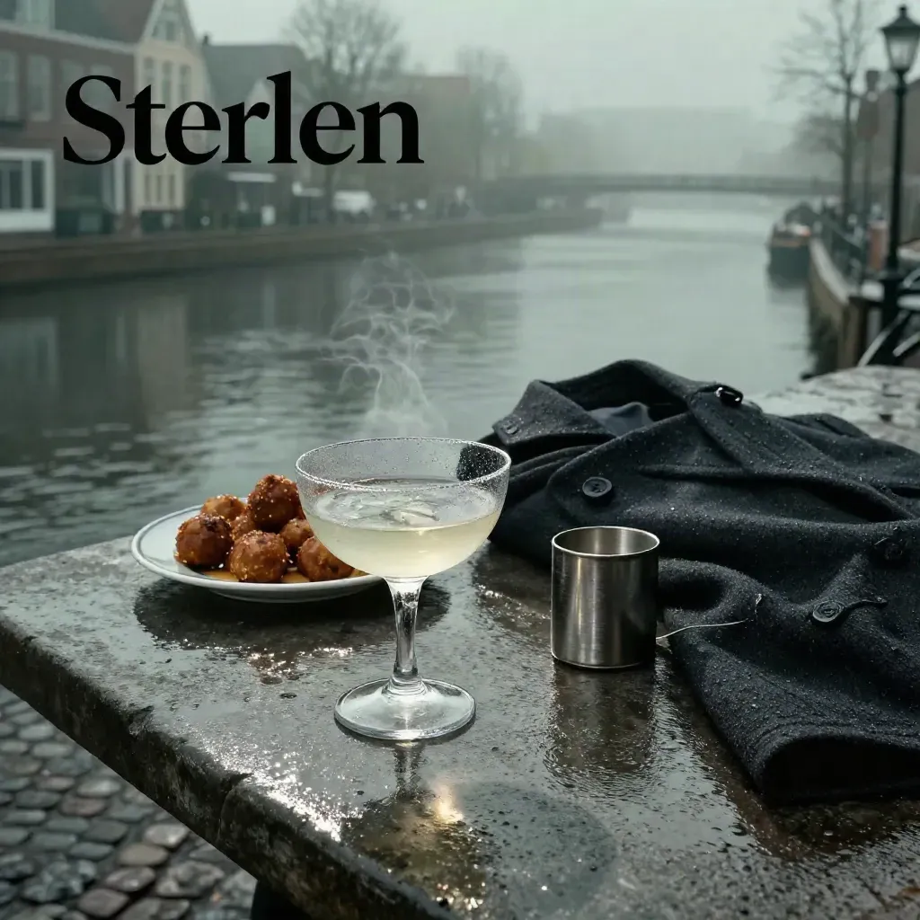 Terrastafel aan de gracht met coupeglas, bitterballen, natte kasseien en nachtelijke reflecties.