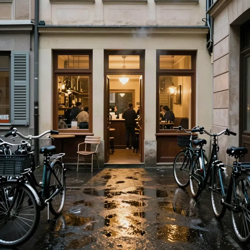 Natte uitgaansstraat met verlichte cafés, fietsen en een stoeltje in het licht.