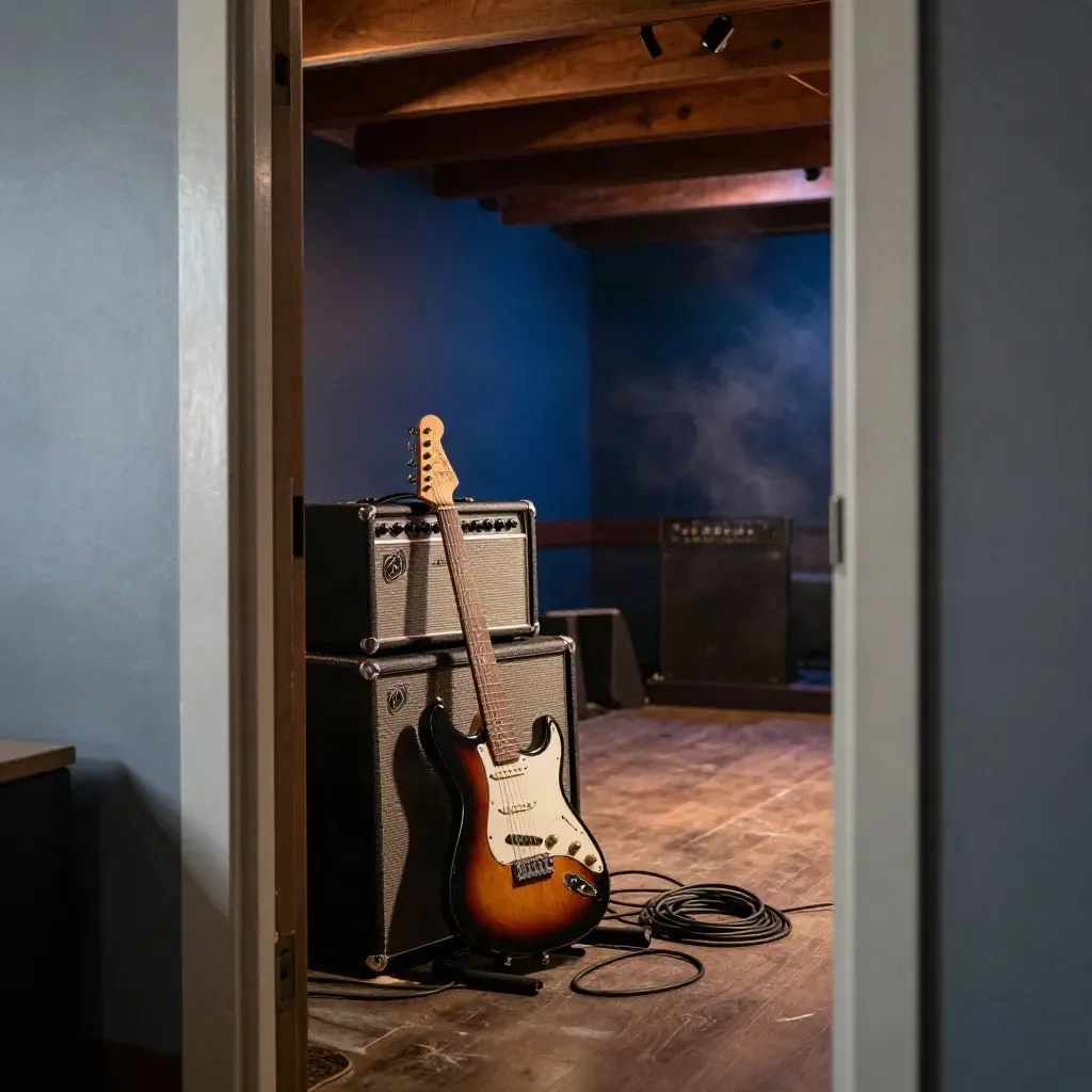 Utrechtse livemuziekruimte met gitaar, versterkers, kabels en warme podiumlichten in blauwe gloed.