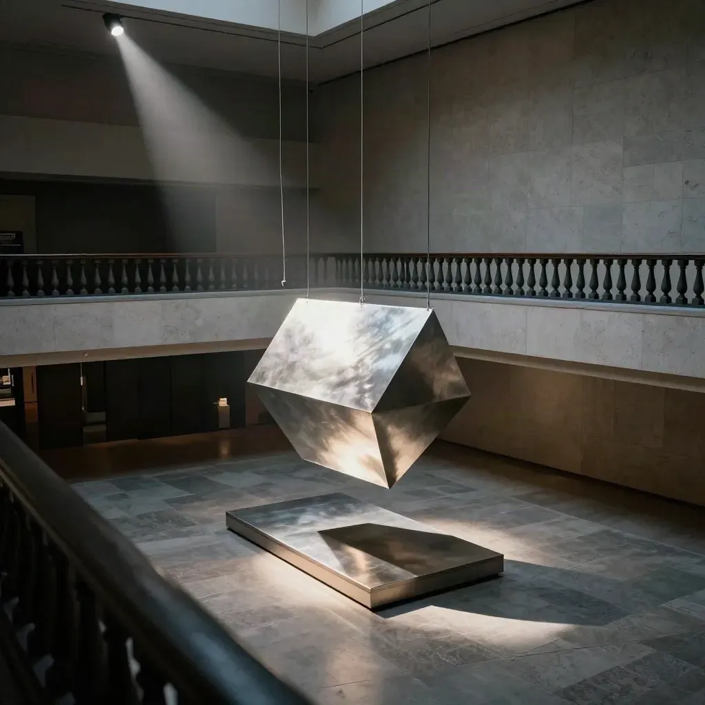 Avondlijk museumatrium met zwevende sculptuur en glanzende vloerreflecties.