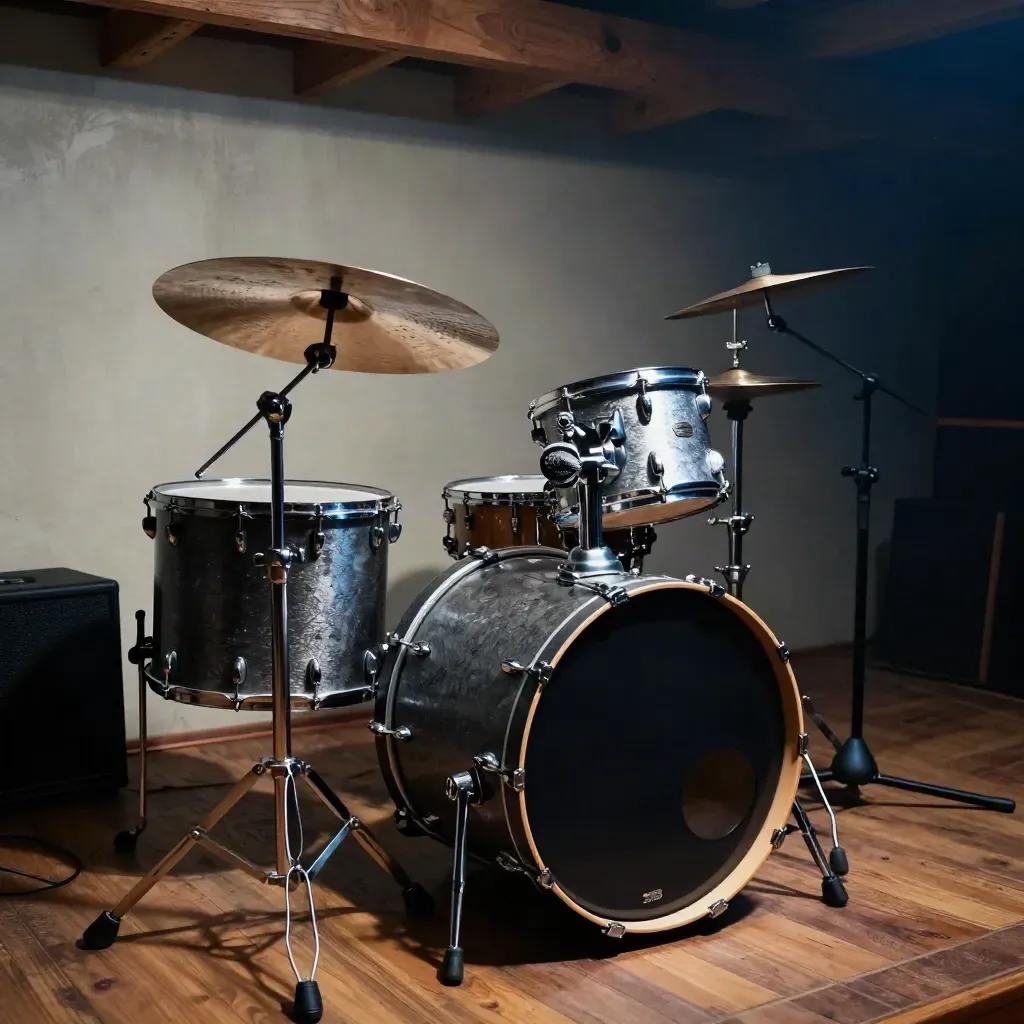 Kleine concertzaal met trilmende bekkens, drumstel en microfoonstandaard in gespannen stilte.