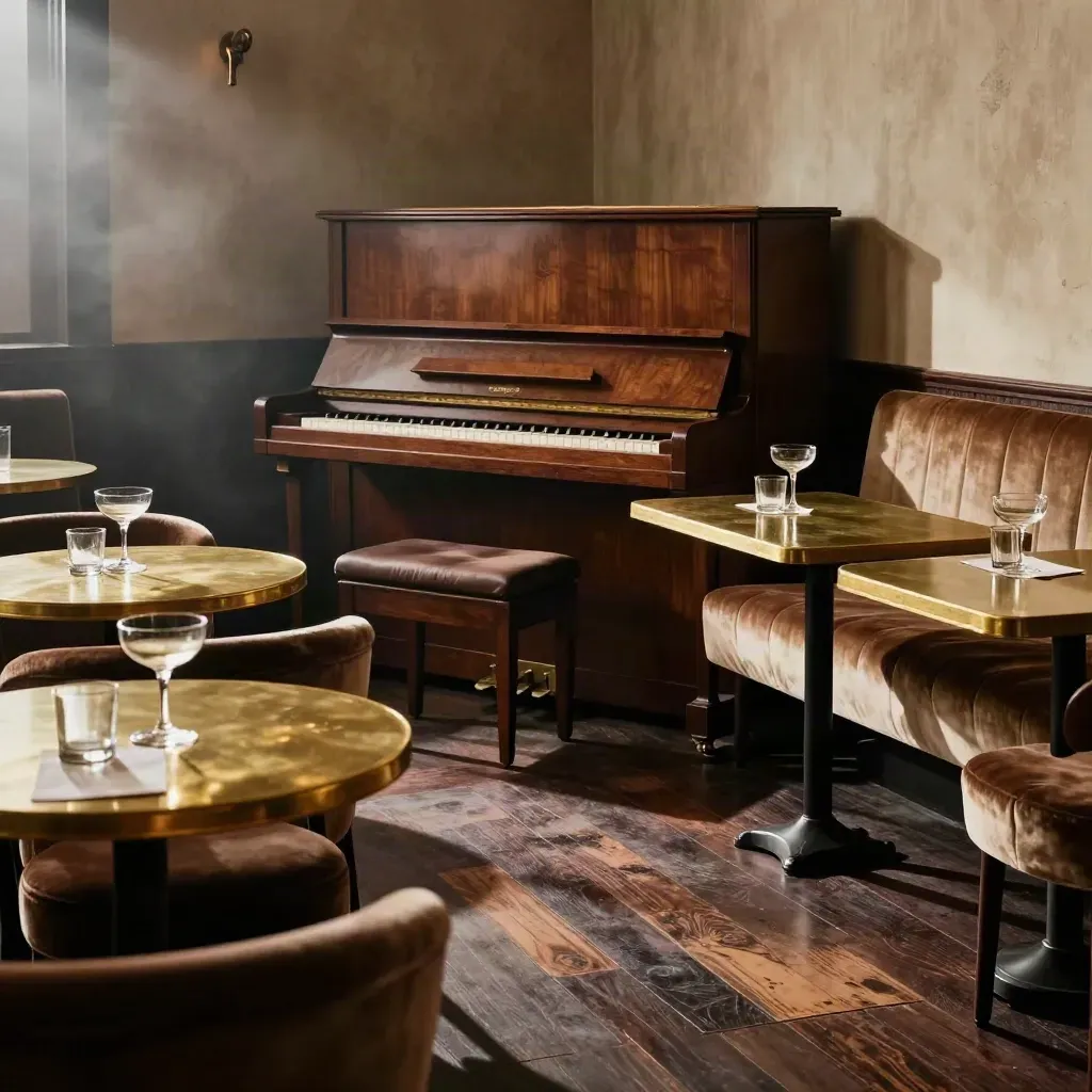 Gezellige jazzclubhoek met piano, tafels en halflege drankjes in warm avondlicht.