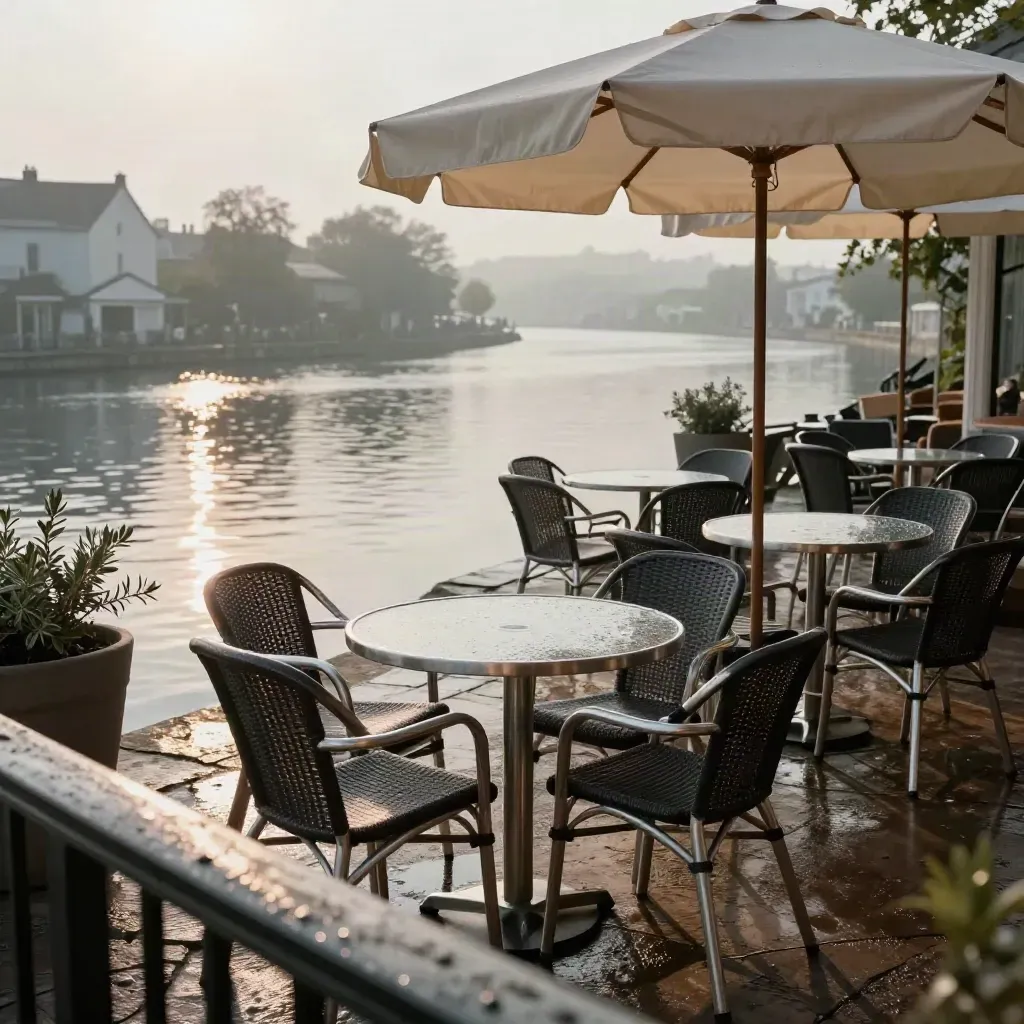Natte terrasstoelen aan het water met opklarend zonlicht en zachte kanaalmist.