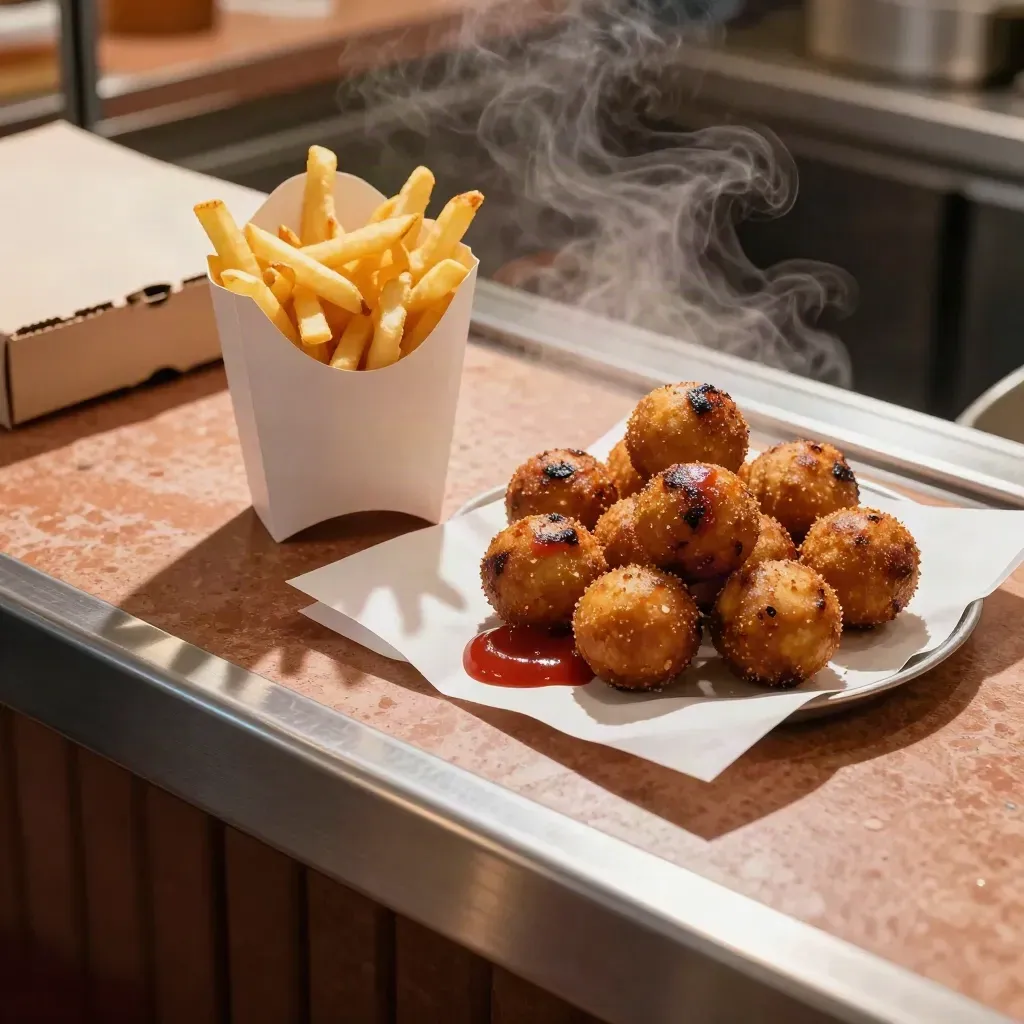 Bovenaanzicht van friet, bitterballen en pizza op papier met opstijgende warmte.
