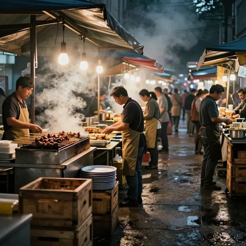 Nachtmarkt met stoom, grills, kratten en hanglampen in een smalle eetlaan.