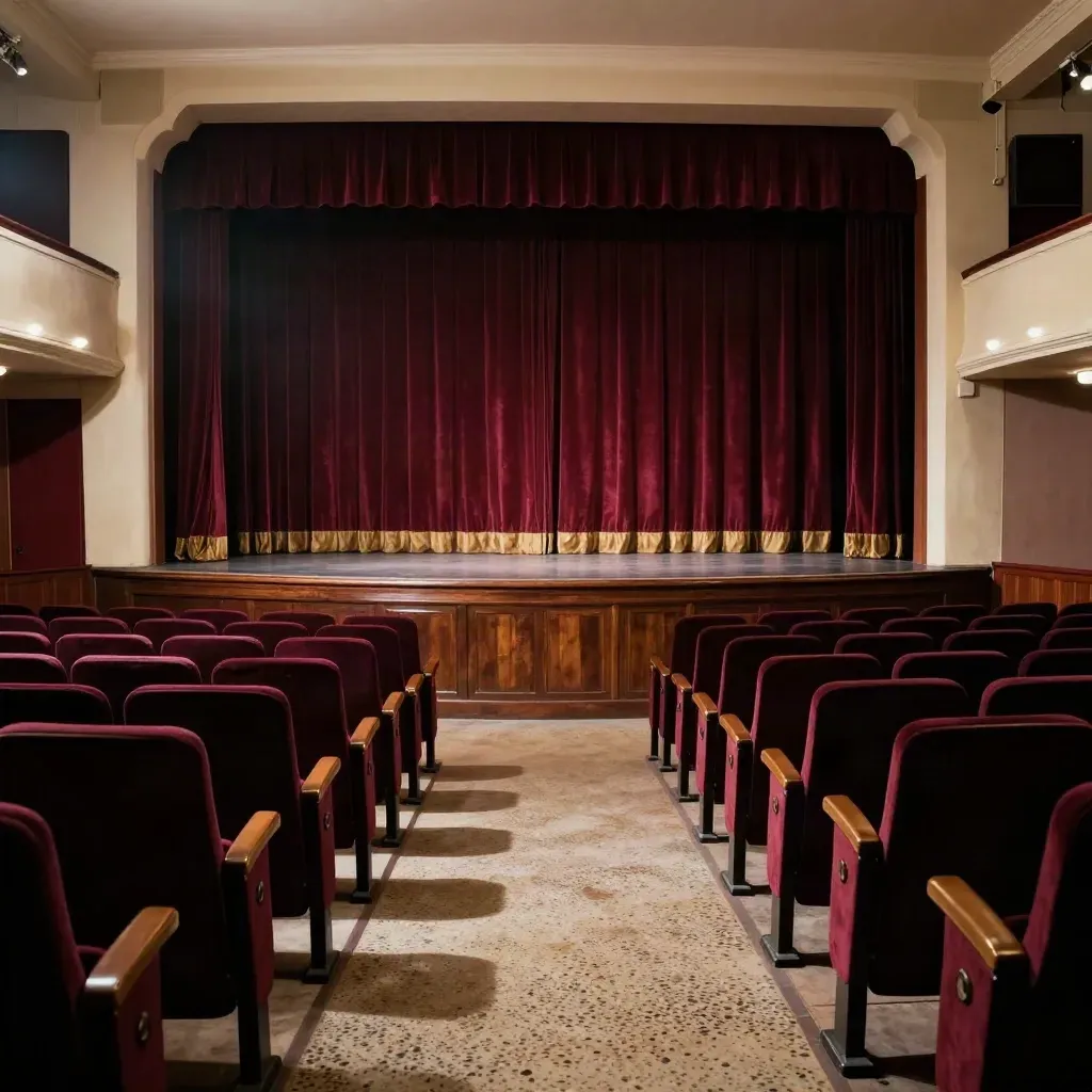 Lege theaterzaal met rode gordijnen, brass footlights en een verlichte gangpad.