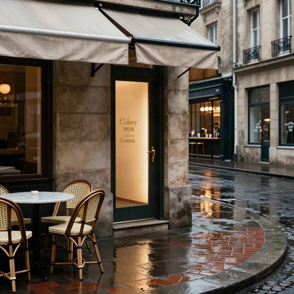 Regenachtige stadshoek met caféterras, galeriedeur en warme bar gloed