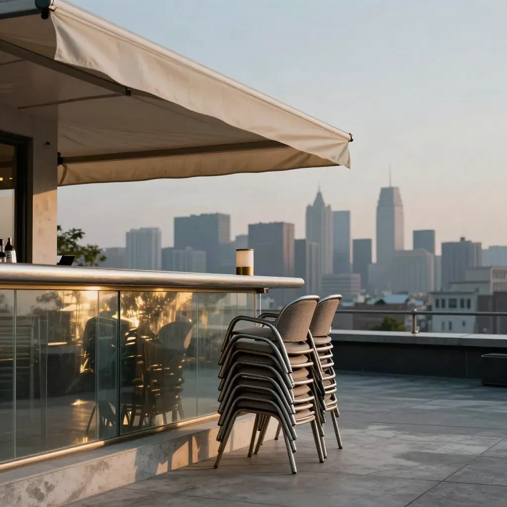 Dakterrasbar met glazen balustrade, gestapelde stoelen en skyline in de schemering.
