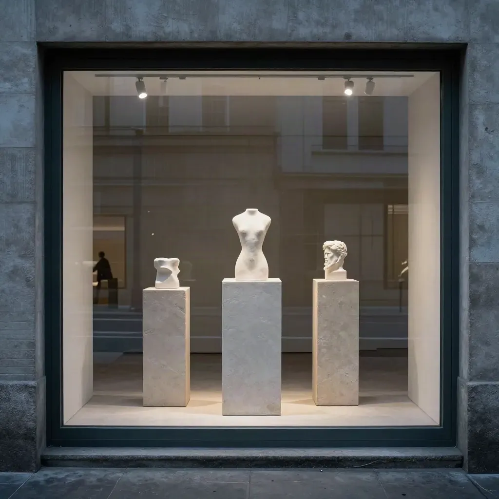 Galerieraam bij avond met verlichte sokkels, stille straat en reflecties in het glas.