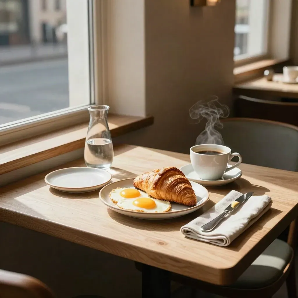 Brunchtafel bij het raam met croissant, eieren en koffie in warm ochtendlicht