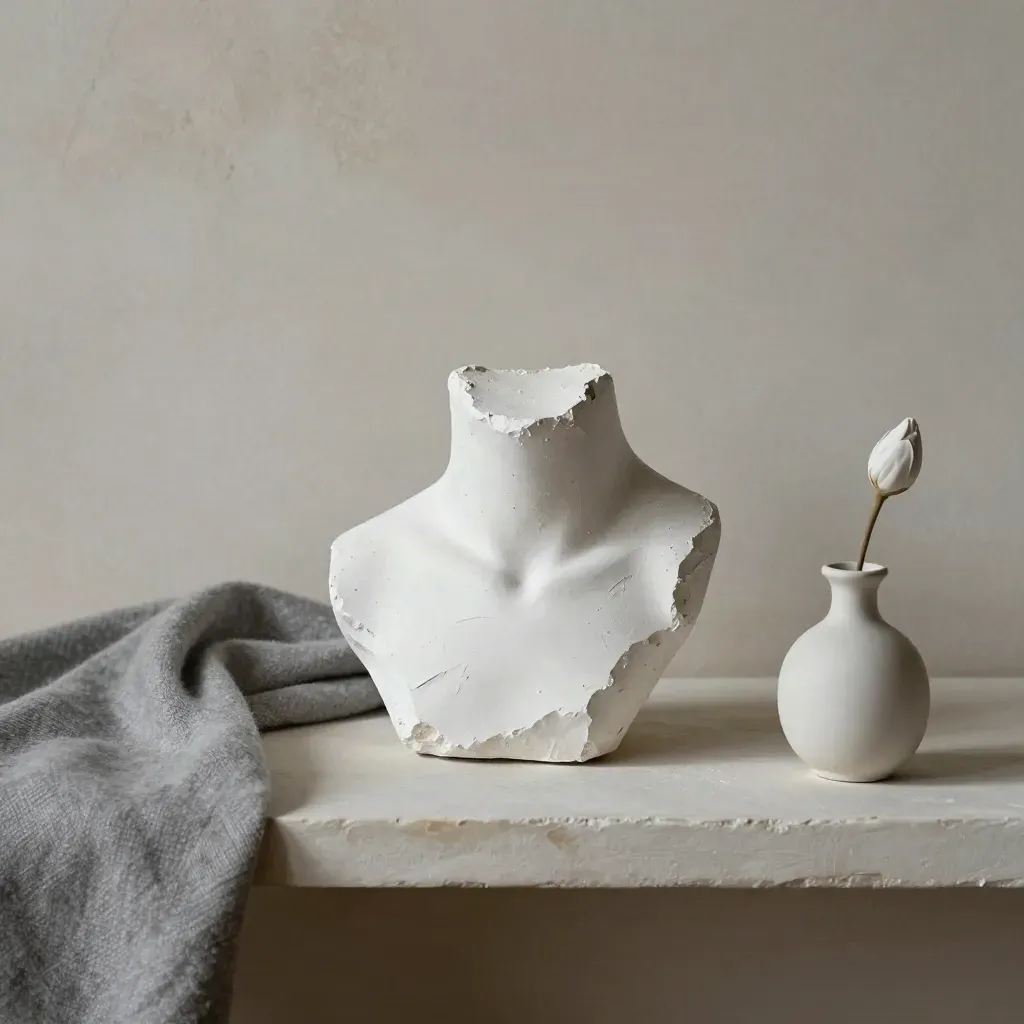 Plaster sculptuurfragment met grijze wol en klein wit vaasje op een lichte plank.